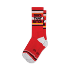 Pair of red crew socks with a white and black '100% THAT BITCH' band.  Features grey and black accents at the cuffs.