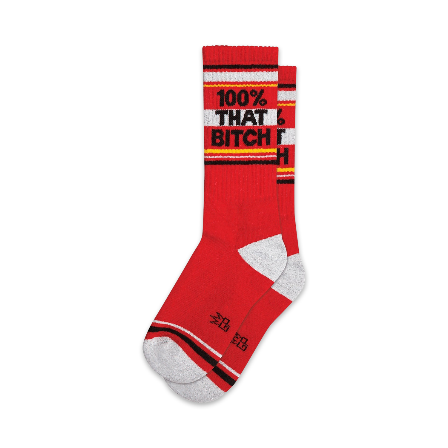 Pair of red crew socks with a white and black '100% THAT BITCH' band.  Features grey and black accents at the cuffs.