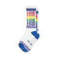 Pair of white crew socks with rainbow or brown 'LOVE' vertical stripes and blue/brown cuffs.