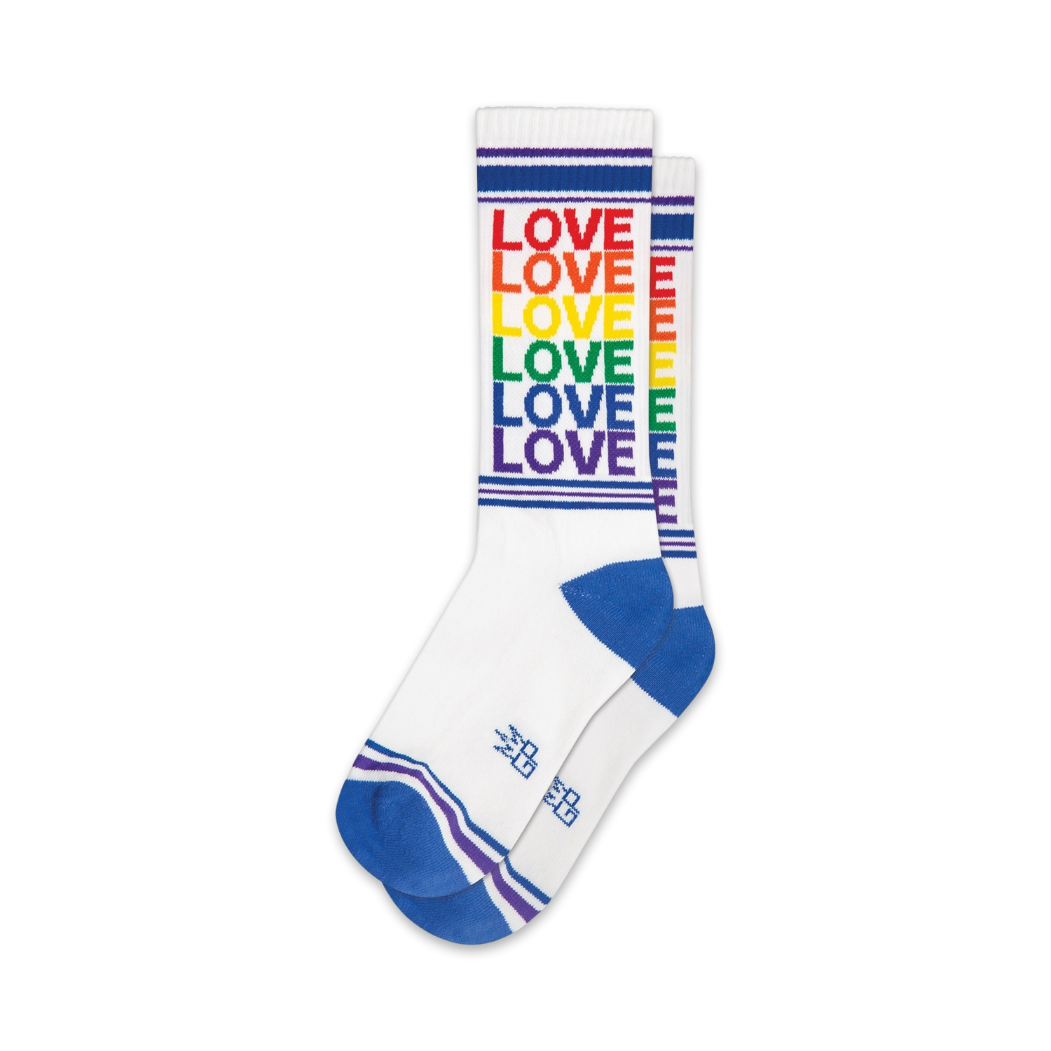 Pair of white crew socks with rainbow or brown 'LOVE' vertical stripes and blue/brown cuffs.