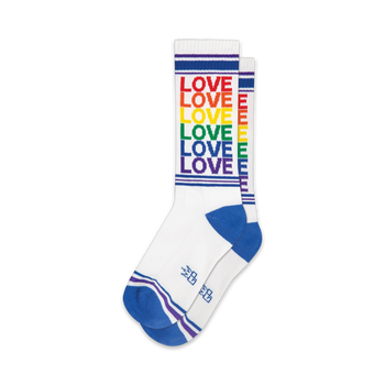 crew xl white unisex socks with rainbow-colored "love" graffiti and blue/white stripes.  