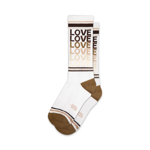 white socks with brown trim and the word 