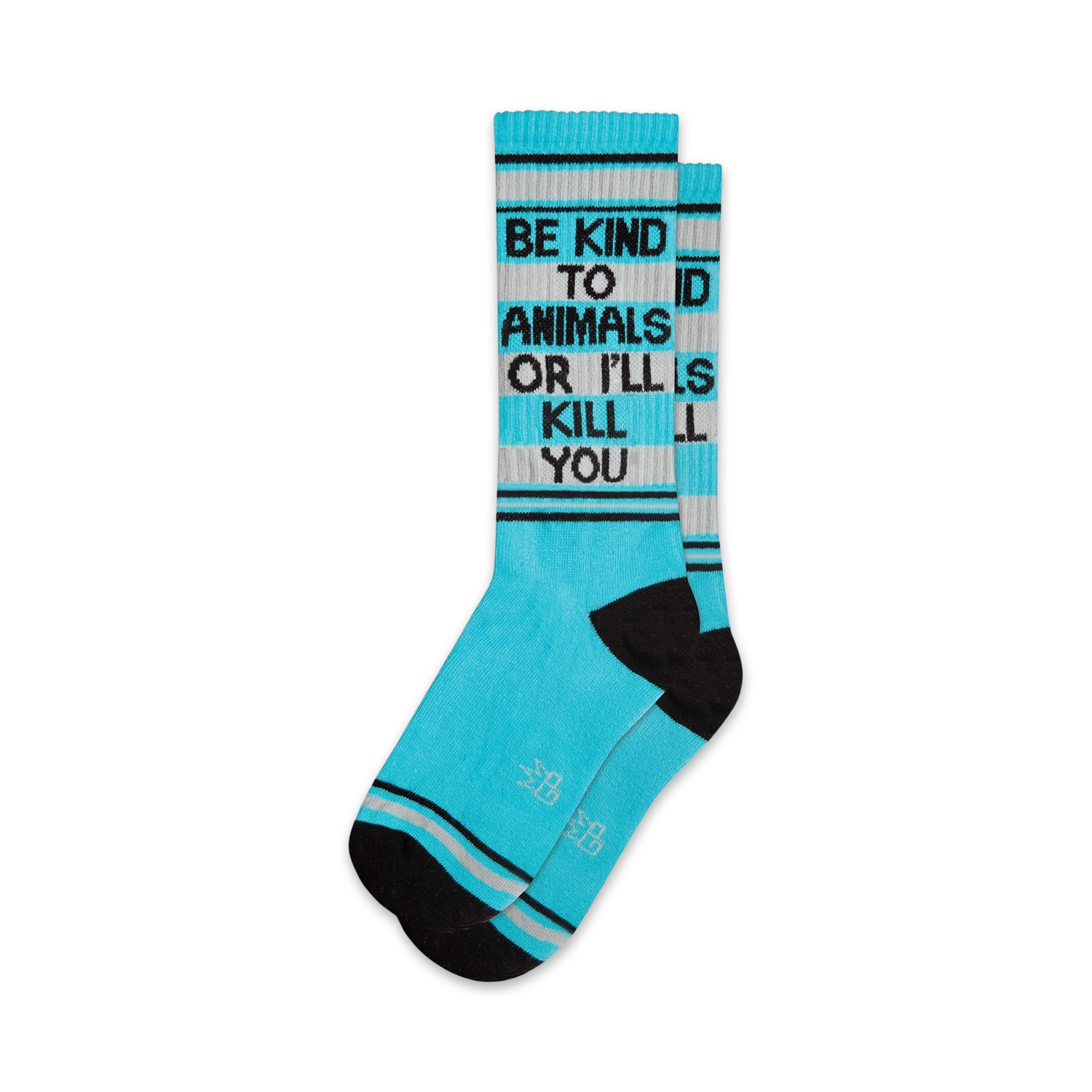 Pair of teal crew socks with black accents and the text 'Be Kind To Animals Or I'll Kill You'.