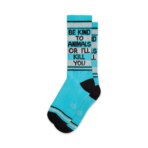 blue crew socks with black and white stripes at top, black heel and toe. 