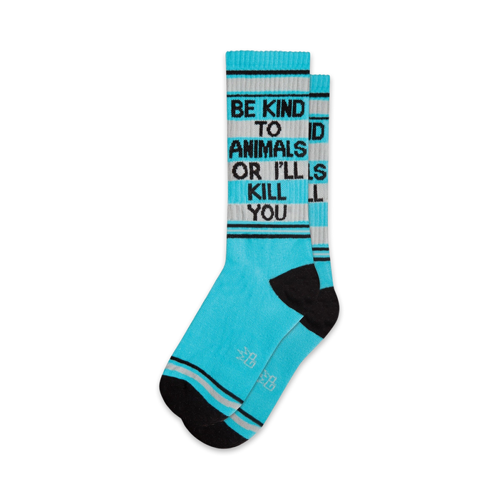 blue crew socks with black and white stripes at top, black heel and toe. 