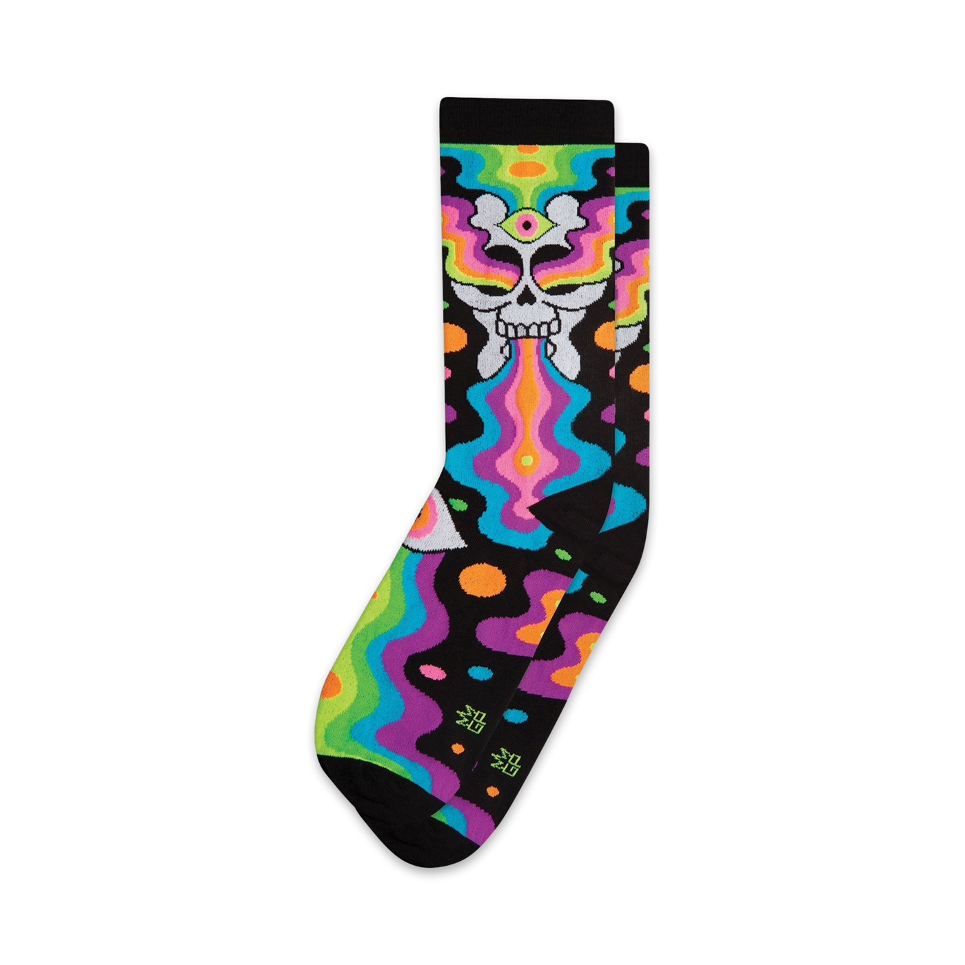 Crew socks with a black background, featuring a neon skull with a third eye vomiting rainbow swirls and colorful abstract shapes.