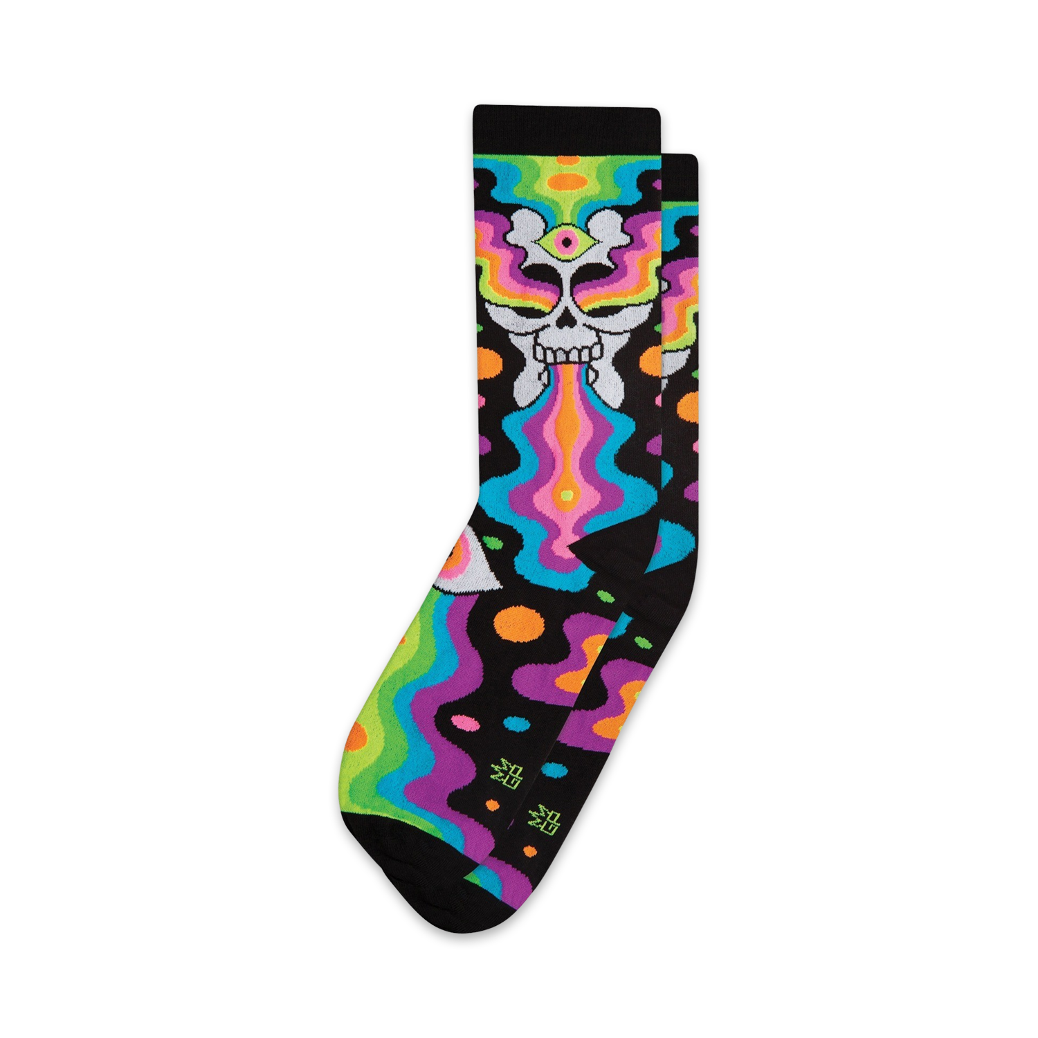 Crew socks with a black background, featuring a neon skull with a third eye vomiting rainbow swirls and colorful abstract shapes.