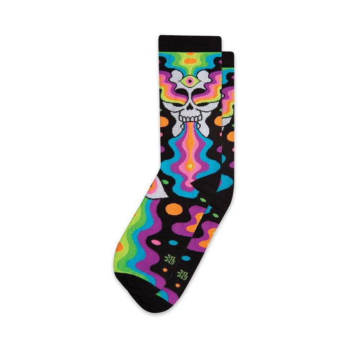 black crew socks feature colorful skulls with rainbow eyes and mouths surrounded by swirls and shapes.  