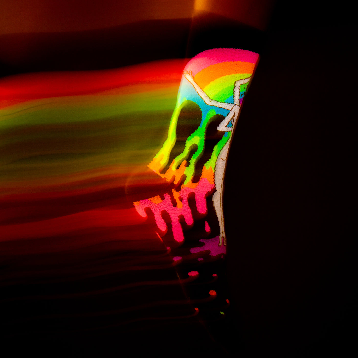 Close-up detail shot of the 'Derriere of Doom' sock design. [lf]