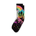 A pair of black crew socks featuring a vibrant rainbow design, a melting figure, and dripping paint splatters.