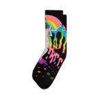 A pair of black crew socks featuring a vibrant rainbow design, a melting figure, and dripping paint splatters.