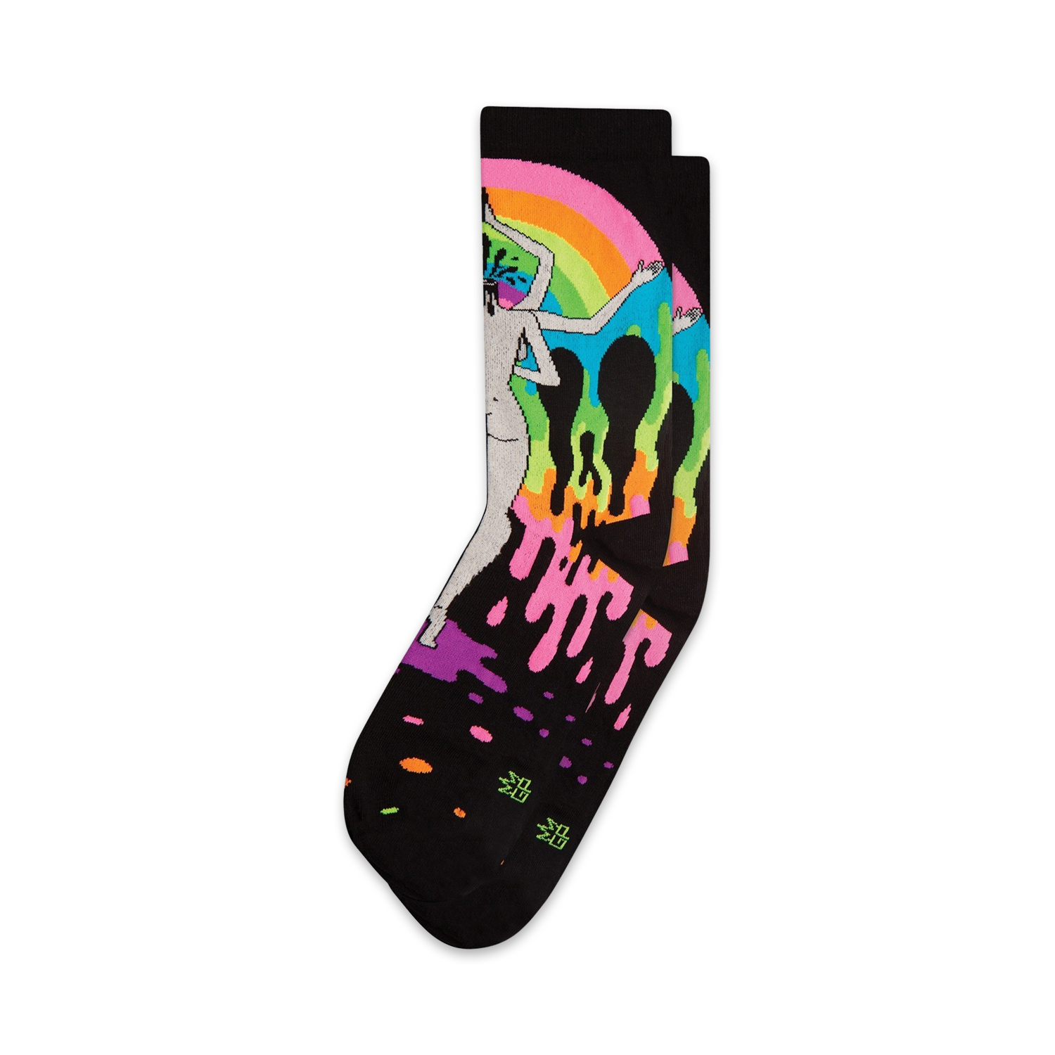A pair of black crew socks featuring a vibrant rainbow design, a melting figure, and dripping paint splatters.