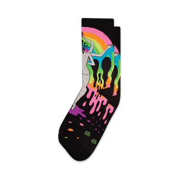 black crew socks for men and women featuring a psychedelic pattern of a headless person with rainbow hair surrounded by colorful paint splashes.   