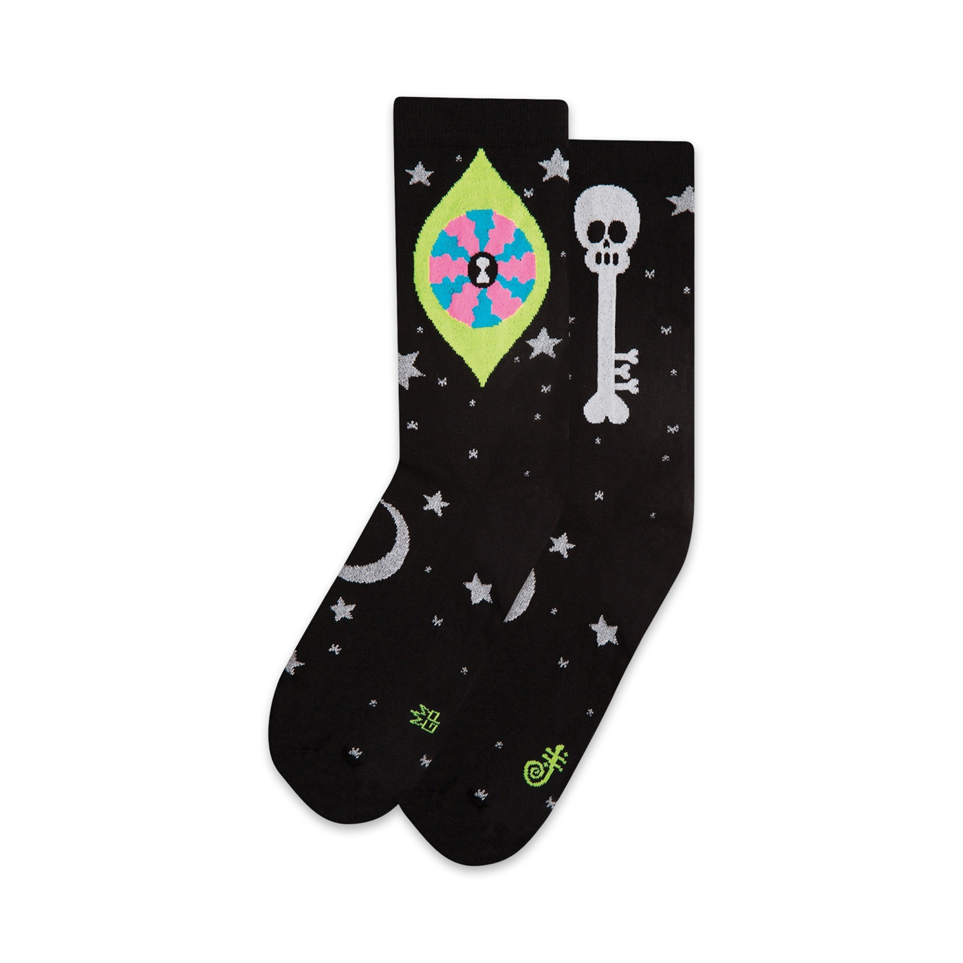 Pair of black crew socks with a neon pink, green, and yellow eye design, a skull and key, and silver stars and moons.