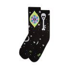 Pair of black crew socks with a neon pink, green, and yellow eye design, a skull and key, and silver stars and moons.