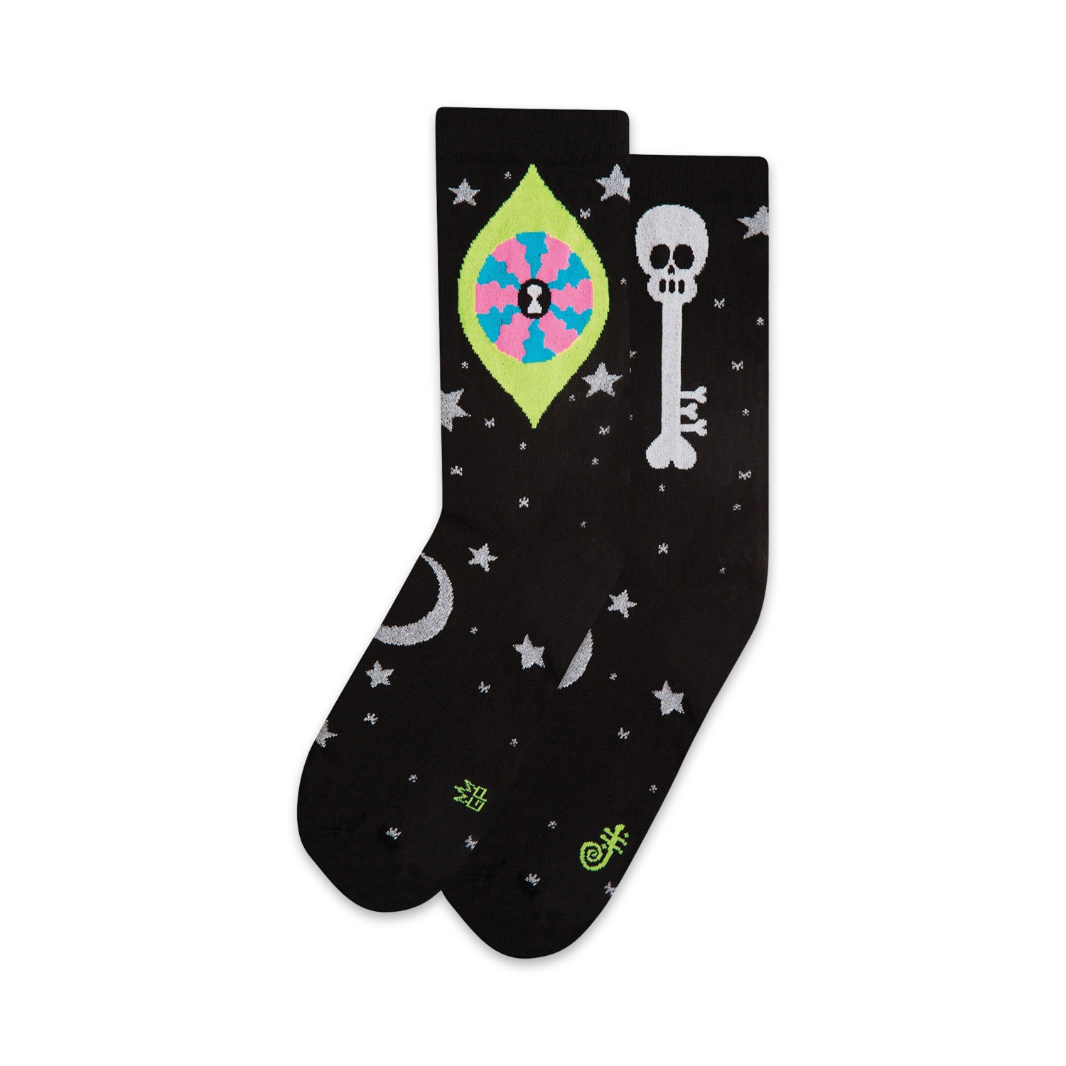 Pair of black crew socks with a neon pink, green, and yellow eye design, a skull and key, and silver stars and moons.
