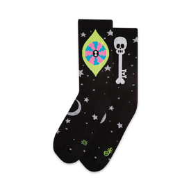 black crew socks with white stars, eyeball, skull, and moon. for men and women.  