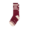 Pair of maroon crew socks with off-white stripes and 'OLD FART' text.  Retro design.