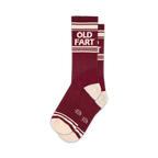 Pair of maroon crew socks with off-white stripes and 'OLD FART' text.  Retro design.