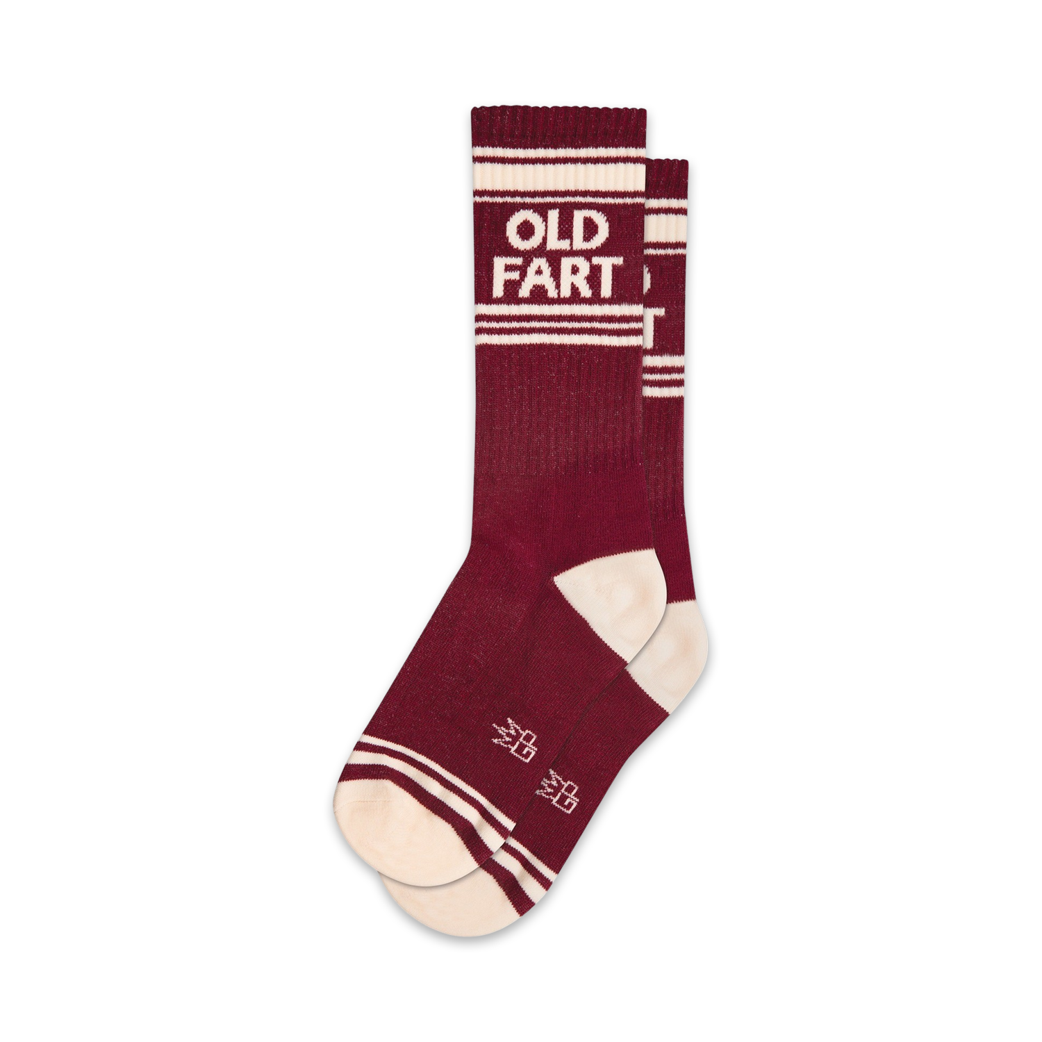 Pair of maroon crew socks with off-white stripes and 'OLD FART' text.  Retro design.