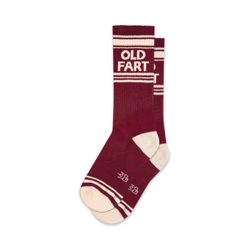 "old fart" socks: bold red with white stripes, funny saying, crew length, men's/women's.  