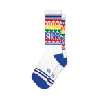 Pair of white crew socks with rainbow hearts and 'Kittens' text. Blue cuffs and stripes add a pop of color.