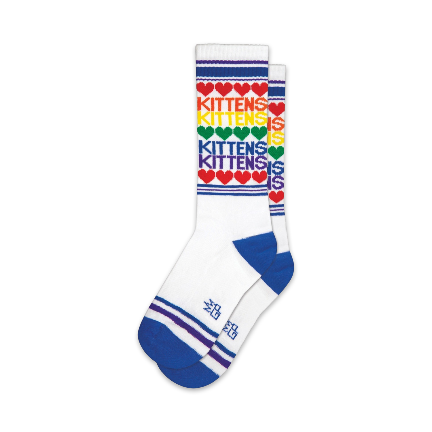 Pair of white crew socks with rainbow hearts and 'Kittens' text. Blue cuffs and stripes add a pop of color.