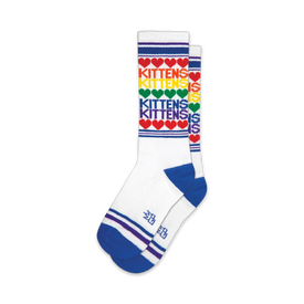 white crew socks with multicolored hearts and "kittens" in black text.  