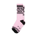 Pair of pink crew socks with black stripes and the phrase 'Mean People Suck' in black lettering.