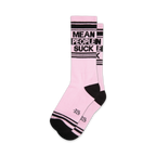 Pair of pink crew socks with black stripes and the phrase 'Mean People Suck' in black lettering.