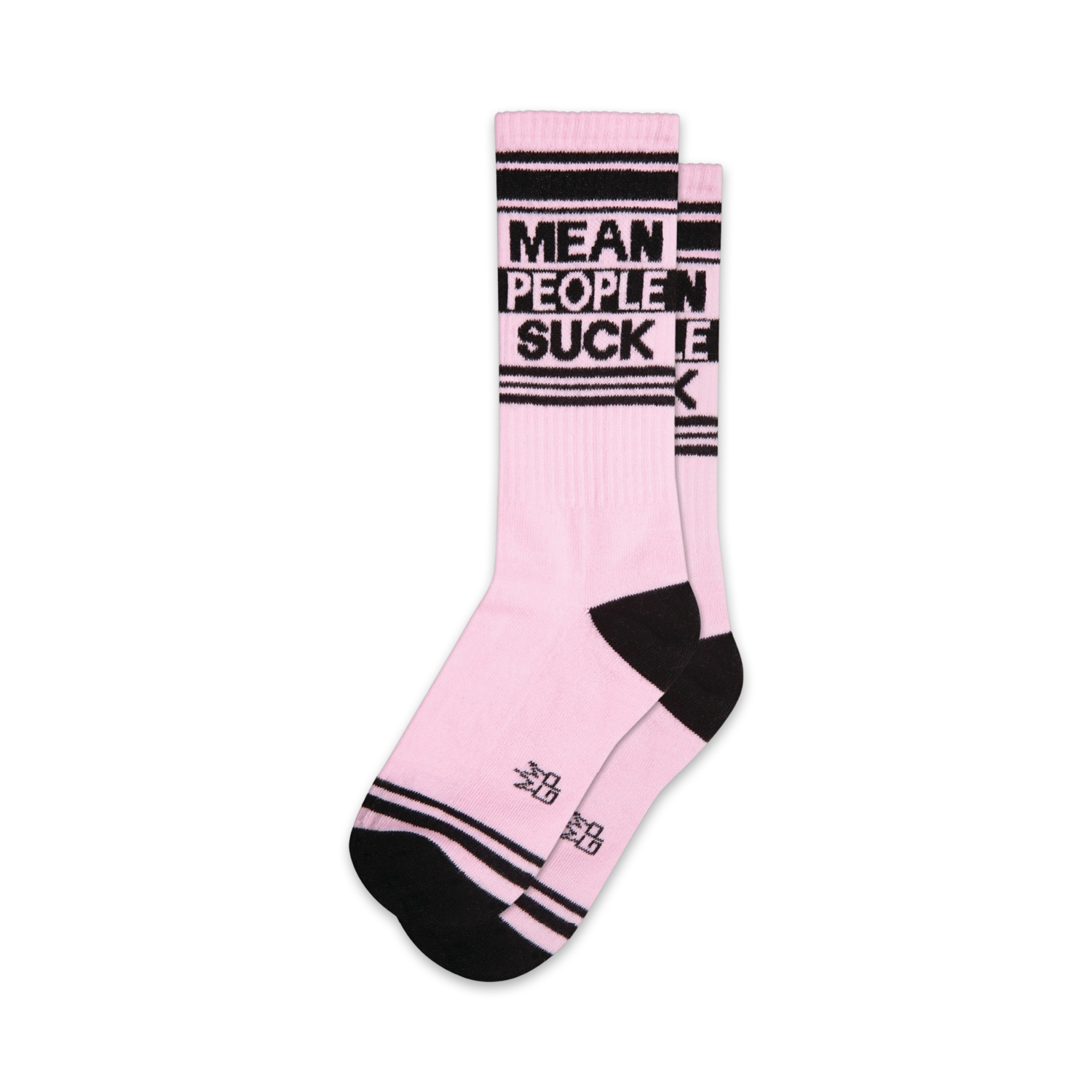 Pair of pink crew socks with black stripes and the phrase 'Mean People Suck' in black lettering.