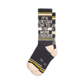 Pair of crew socks in dark grey, white, and yellow.  The socks feature the text 'It's Always Ok To Buy More Books!' in a striped design.