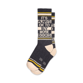 gray unisex crew socks with a book-related pattern; it's always ok to buy more books.   