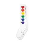 Pair of white knee-high socks with a vertical line of rainbow-colored hearts.