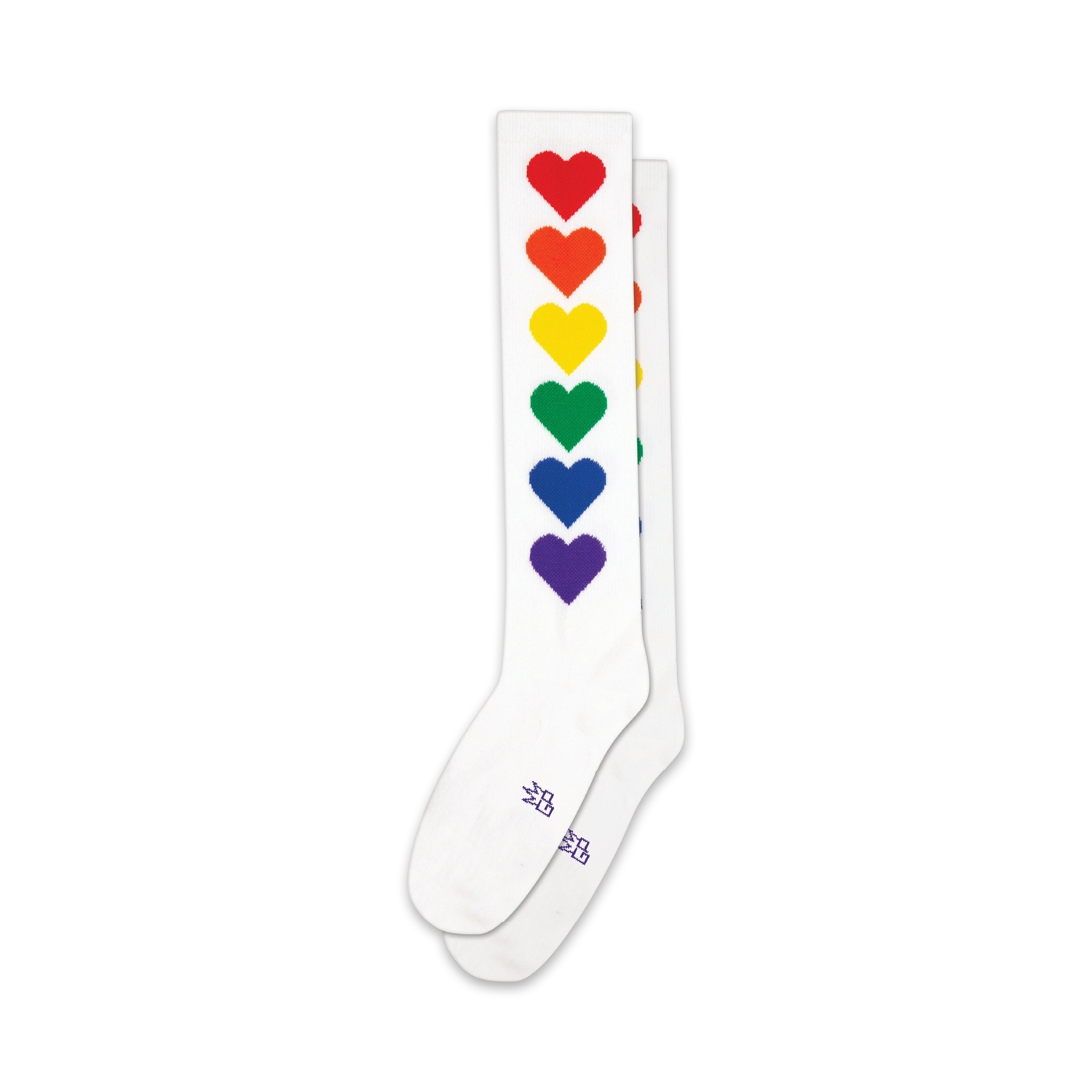 Pair of white knee-high socks with a vertical line of rainbow-colored hearts.