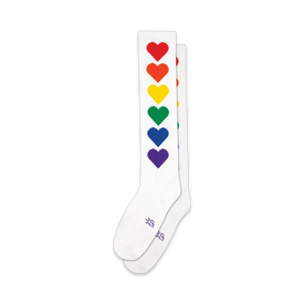 white knee high socks with colorful rainbow hearts pattern; for men and women   