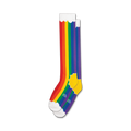 Pair of rainbow striped knee-high socks with white cloud cuffs.  Features a yellow sun detail at the heel.