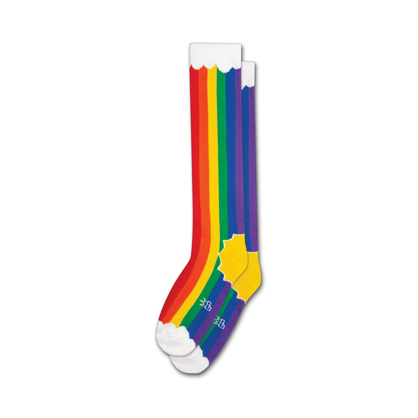 Pair of rainbow striped knee-high socks with white cloud cuffs.  Features a yellow sun detail at the heel.
