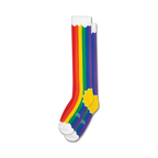 Pair of rainbow striped knee-high socks with white cloud cuffs.  Features a yellow sun detail at the heel.