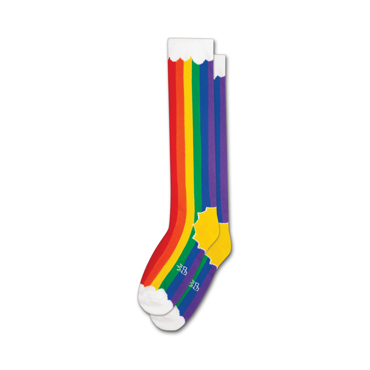Pair of rainbow striped knee-high socks with white cloud cuffs.  Features a yellow sun detail at the heel.