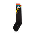 Pair of black knee-high socks with a rainbow and yellow lightning bolt graphic at the top.