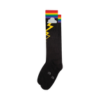 Pair of black knee-high socks with a rainbow and yellow lightning bolt graphic at the top.
