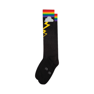 Pair of black knee-high socks with a rainbow and yellow lightning bolt graphic at the top.