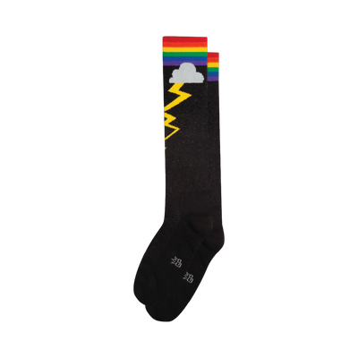 Pair of black knee-high socks with a rainbow and yellow lightning bolt graphic at the top.