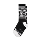 Pair of black and white crew socks featuring the text 'I GIVE THE BEST BLOW JOBS' in a vertical, bold font.