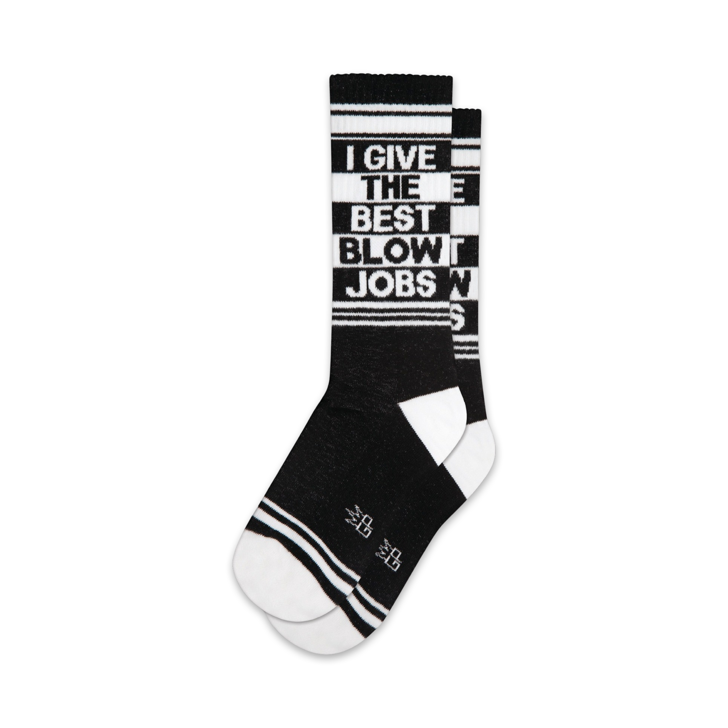 Pair of black and white crew socks featuring the text 'I GIVE THE BEST BLOW JOBS' in a vertical, bold font.