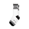 Pair of white crew socks with black stripes and 'Trophy Husband' text. 