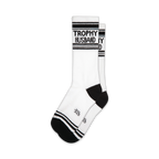 Pair of white crew socks with black stripes and 'Trophy Husband' text. 
