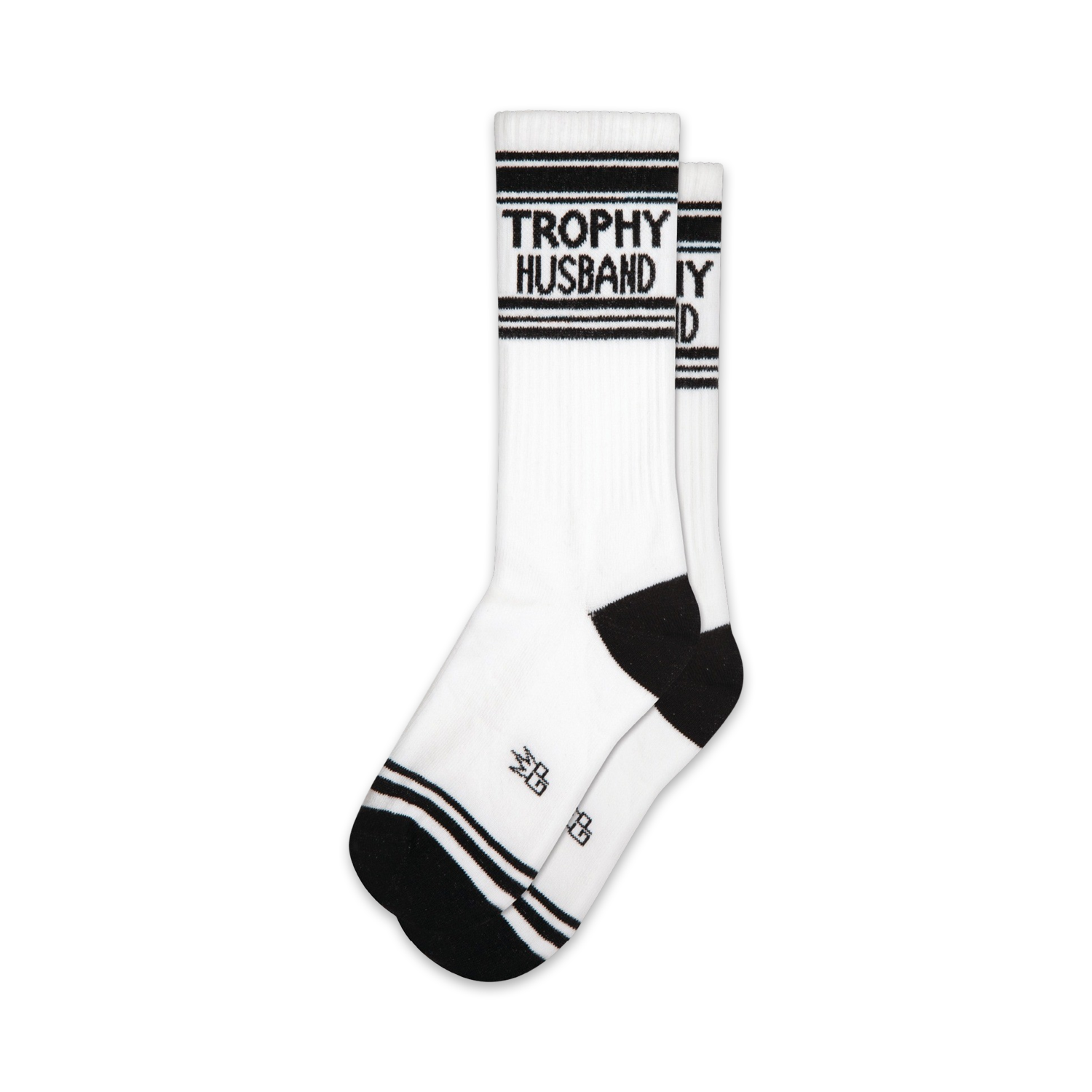 Pair of white crew socks with black stripes and 'Trophy Husband' text. 