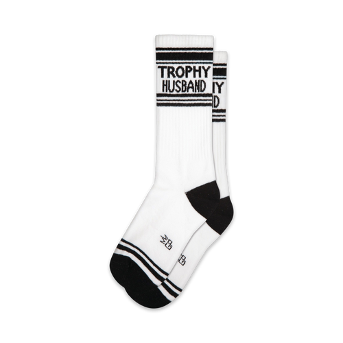Pair of white crew socks with black stripes and 'Trophy Husband' text. 
